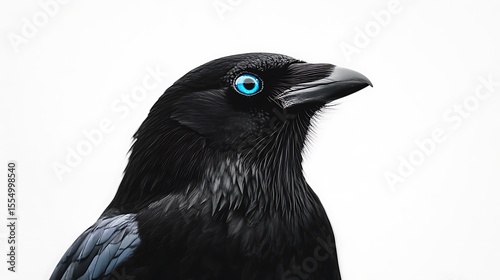 A close up image depicts a raven with bright blue eyes