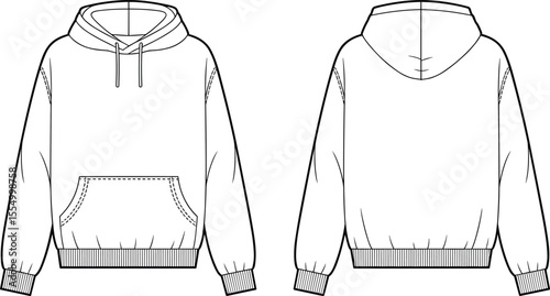 CAD drawing flat vector illustration of unisex basic hoodie with kangaroo pocket, front and back view, casual streetwear fashion technical sketch for design