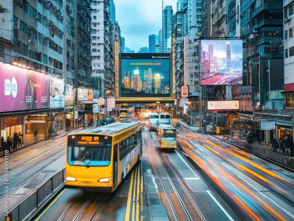 Obraz premium Busy Hong Kong street scene, with trams, buses, and towering buildings.