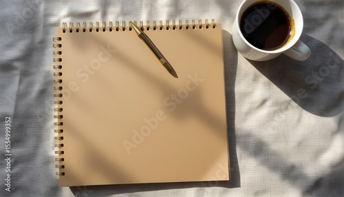 Brown Notepad, Gold Pen, and Coffee on Linen Flatlay