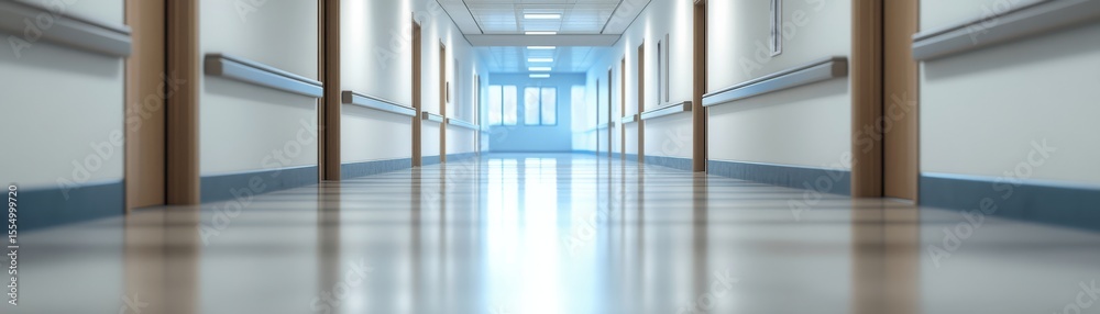 Fototapeta premium Empty Hospital Hallway Perspective, Healthcare , Clinic