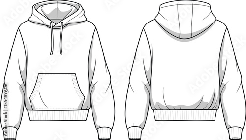 CAD drawing flat vector illustration of front and back hoodie design, fashion technical sketch, kangaroo pocket, ribbed hem, drawstring hood, casual streetwear top