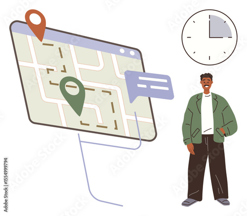 Digital map with location pins, chat bubble, and clock beside a smiling man in casual attire. Ideal for navigation, travel planning, time management, directions, communication, technology teamwork
