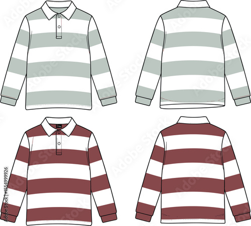 CAD drawing flat vector illustration of long sleeve rugby polo shirt front and back view, color block stripe design, casual wear fashion technical sketch