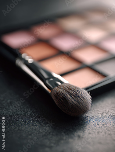 Luxurious makeup brushes and a simple color palette in a studio with natural light
