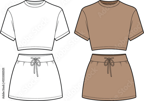 CAD drawing flat vector illustration of women’s round neck crop top and drawstring mini skirt set, front view, casual wear fashion technical sketch