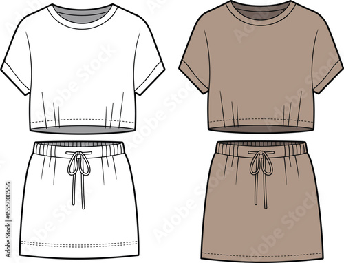 CAD drawing flat vector illustration of women's short sleeve crop top and drawstring mini skirt front view, casual outfit template, fashion sketch, summer loungewear