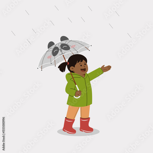 Flat vector illustration of colored little girl with umbrella in the rain