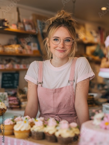 Junge Frau mit Brille und Sommersprossen in Bäckerei hinter Cupcakes