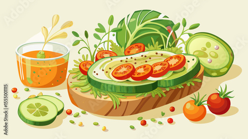 Creamy avocado slices, sprouts, cucumber, tomato, and shredded carrots fill a hearty whole grain sandwich. A vegan spread glistens beneath the top slice. The scene is bright and healthy, with fresh 