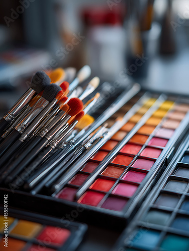 Neatly arranged detailed brushes next to a colorful lipstick palette in a studio