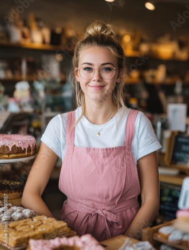 Junge Frau mit Brille in Bäckerei hinter Cupcakes