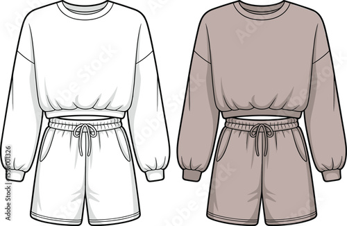 CAD drawing flat vector illustration of women's sweatshirt and shorts set, front view, casual loungewear template, fashion technical sketch for apparel design mockup