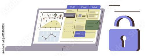 Laptop displaying workflow with charts, to-do task board, and a security lock icon. Ideal for project management, task tracking, data analysis, cybersecurity, productivity, workflow simple landing