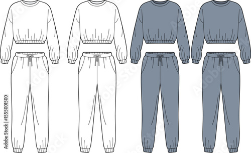 CAD drawing flat vector illustration of women's sweatshirt and jogger pants set, front view, fashion design template, comfy loungewear outfit, technical clothing sketch