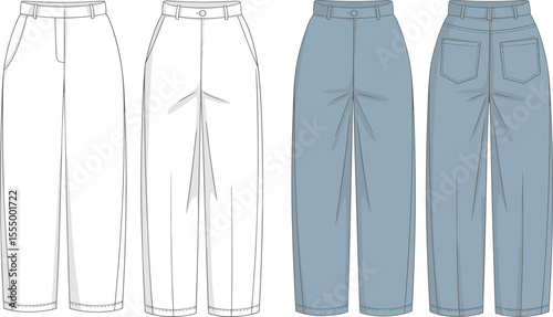 CAD drawing flat vector illustration of pleated wide leg pants, front and back view, fashion technical sketch for apparel design, denim trousers template mockup