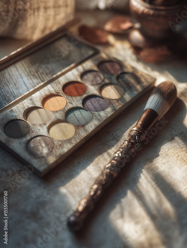 Vintage makeup brushes sit next to a classic eyeshadow palette in soft tones