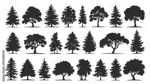 Extensive black tree silhouette vector collection with various deciduous and evergreen trees perfect for forest illustrations, landscape design, eco-friendly graphics, nature scenes, outdoor artwork