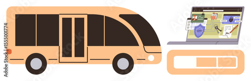 Modern bus and laptop screen showing ticketing system with security features, user interface, and payment options. Ideal for travel, booking, ticketing, online security, technology, transport