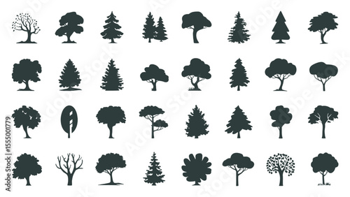 Diverse tree silhouette collection featuring various deciduous and coniferous species in black vector style perfect for nature graphics, forest landscapes, eco-friendly designs, outdoor illustration