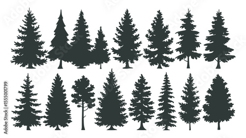 Silhouette evergreen pine tree vector collection in black featuring various coniferous forest trees perfect for outdoor nature designs, camping graphics, woodland logos, winter themes, and landscape