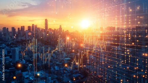 Cityscape at Sunset with Digital Network Overlay: Modern Urban Landscape with Data Visualization and Futuristic Technology.