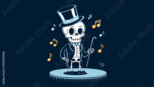 Cartoon skeleton in top hat and tuxedo dancing with cane on stage surrounded by musical notes on dark background fun spooky Halloween character design for party decor poster sticker and print