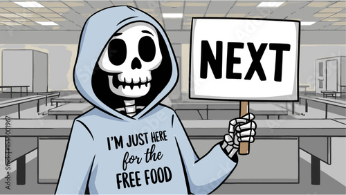 Funny cartoon skeleton character in hoodie holding NEXT sign in waiting room with text I’m just here for the free food humorous Halloween illustration for office poster digital art and social media