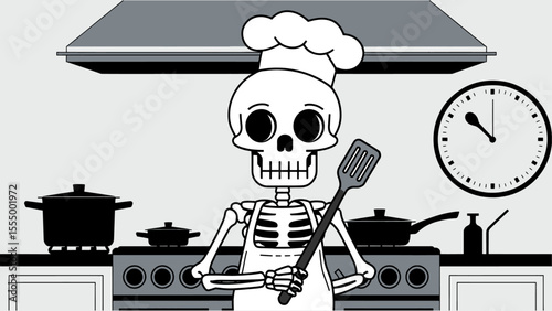 Funny cartoon skeleton chef in apron and hat holding spatula in kitchen with cooking pots and clock humorous black and white Halloween illustration for food lovers recipe books and digital artwork