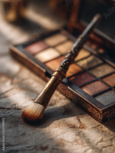 Vintage makeup brushes sit next to a classic eyeshadow palette