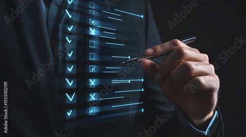 Completing Digital Checklist: Man with Pen Selecting Options on Virtual Interface for Task Management and Organization.