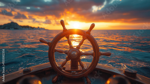 Maritime ship wheel backlit by warm sunset glow over calm waters 