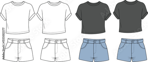 CAD drawing flat vector illustration of summer crop t-shirt and denim shorts set, front view fashion technical sketch, casual women outfit design template