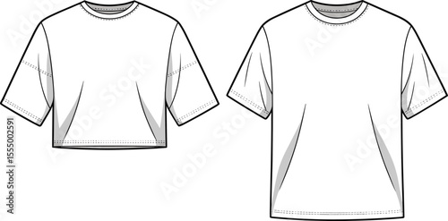 CAD drawing flat vector illustration of modern short sleeve t-shirts, front view technical fashion sketch, crop and regular length, garment design template