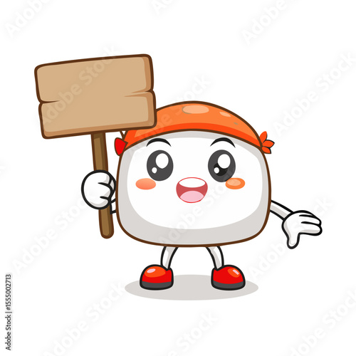 Cute cartoon sushi character holding a blank wooden sign silhouette