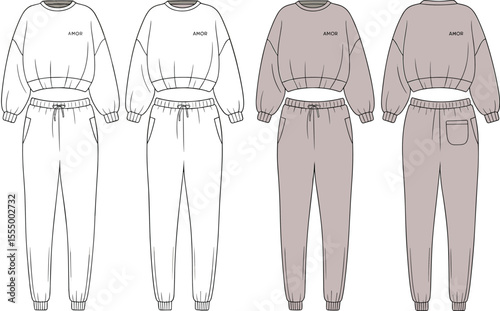 CAD drawing flat vector illustration of cozy loungewear set, front and back view, oversized sweatshirt and jogger pants, fashion technical sketch template