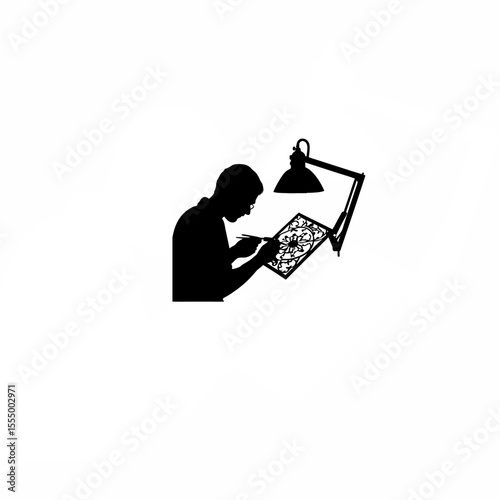 Silhouette of a craftsman etching designs onto a metal plate on white background