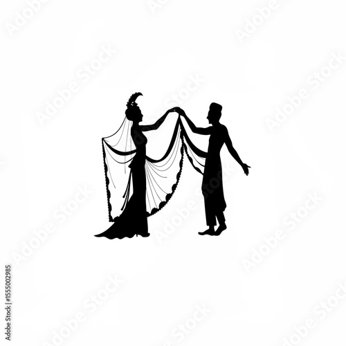 Silhouette of a couple performing a ceremonial dance in traditional attire on white background