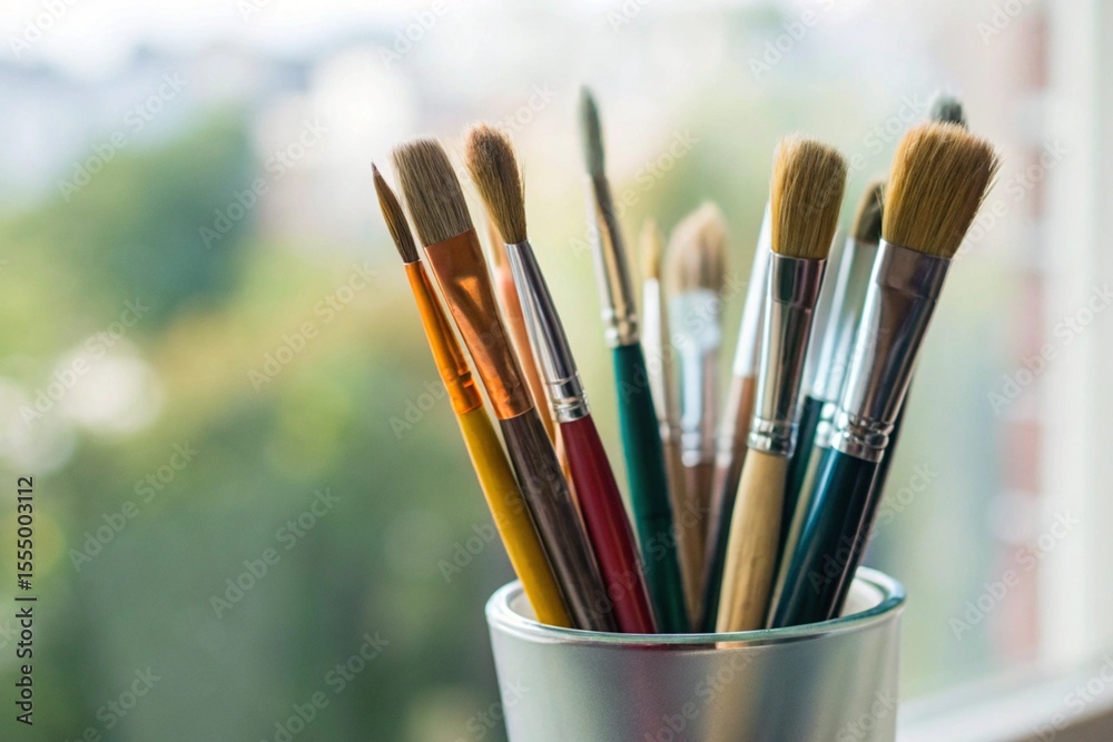 Fototapeta premium Various artist paint brushes in cup with blurred outdoor background