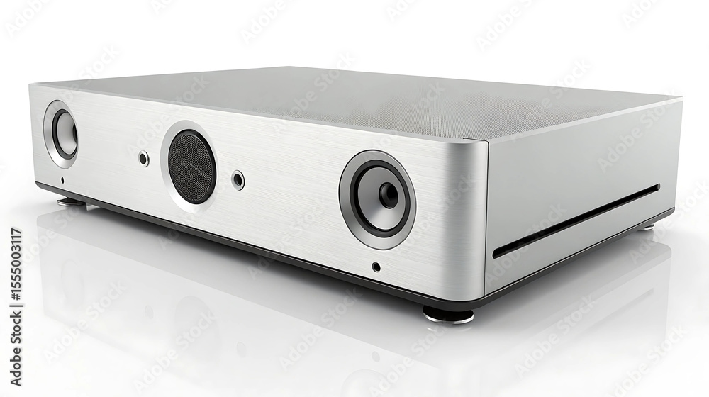 Obraz premium High-end silver home audio receiver amplifier with speakers, isolated on white, ideal for tech blogs, product showcases, audio equipment reviews, home theater systems, music enthusiasts