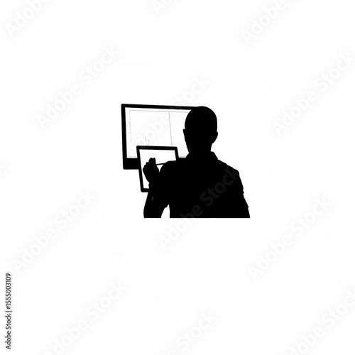 Silhouette of a digital artist designing characters on a large screen on white background