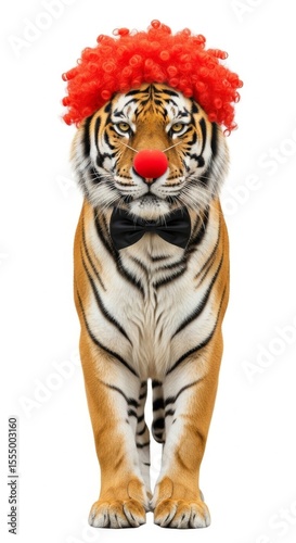 tiger dressed as a clown with a colorful wig, red nose, and bow tie. Humorous and surreal animal portrait on white background