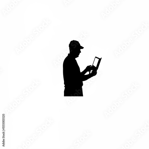 Silhouette of a filmmaker reviewing footage with a portable monitor on white background