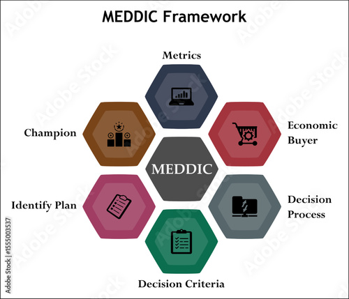 MEDDIC Framework. Infographic template with icons and description placeholder