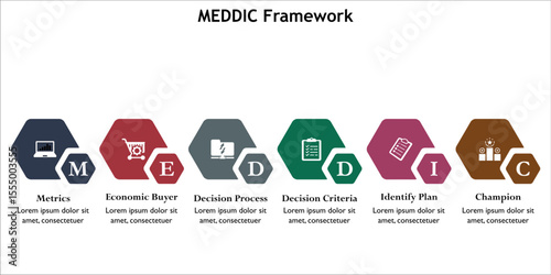 MEDDIC Framework. Infographic template with icons and description placeholder