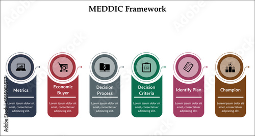MEDDIC Framework. Infographic template with icons and description placeholder