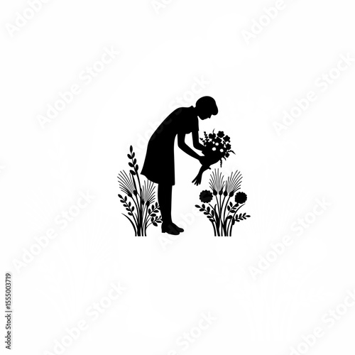 Silhouette of a florist arranging flowers in a shop on white background