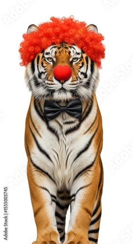 tiger dressed as a clown with a colorful wig, red nose, and bow tie. Humorous and surreal animal portrait on white background