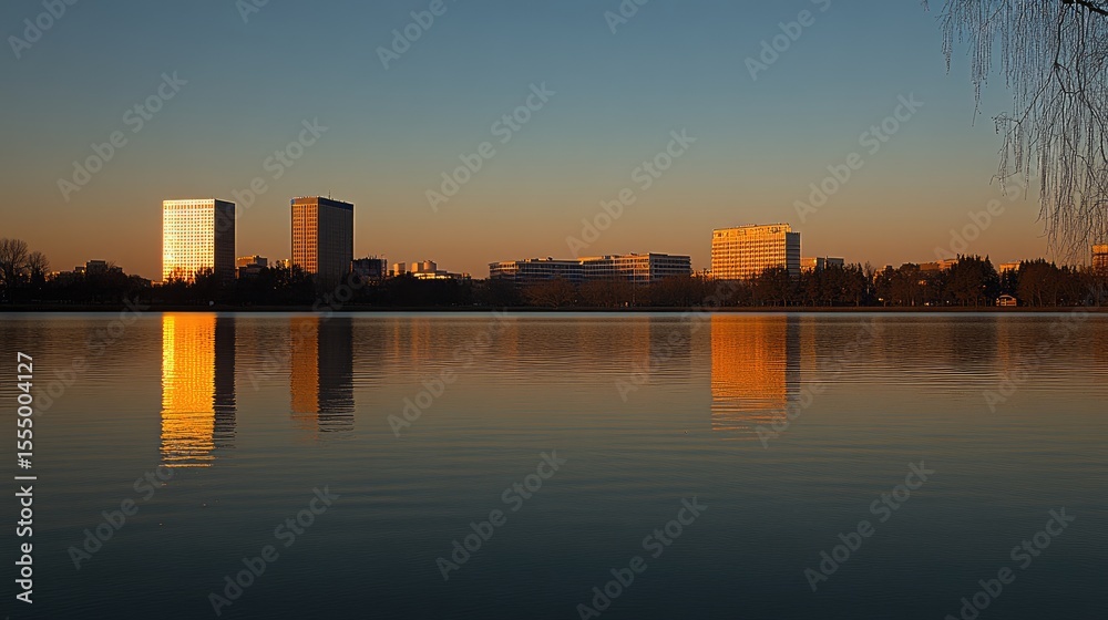 Naklejka premium Golden reflections of city buildings on a tranquil lake at sunrise.
