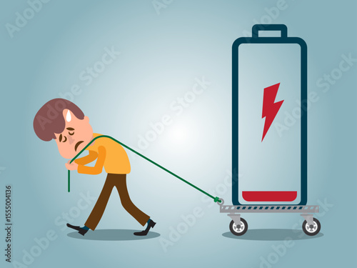 Concept of running out of energy to work. employee is exhausted but still working. low battery and tired. work problems. illustration of a worker working by supporting a battery. flat style design.